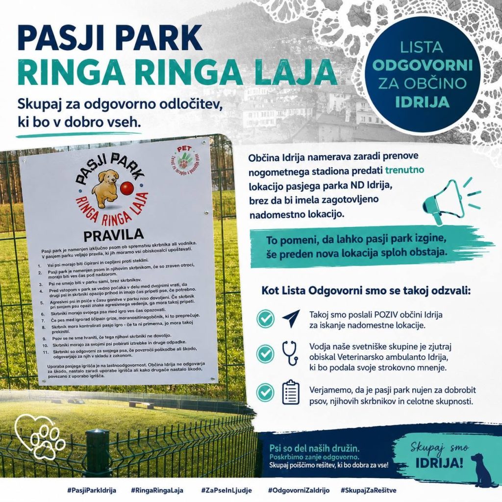 Občina Idrija namerava zaradi prenove nogometnega stadiona predati trenutno lokacijo pasjega parka nd Idrija, brez da bi imela zagotovljeno nadomestno lokacijo!