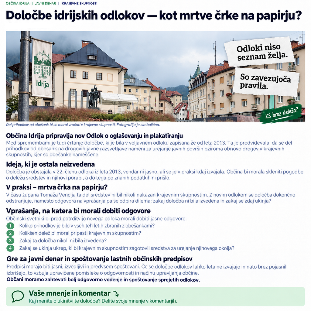 Oglaševalska obešanka na drogu javne razsvetljave v Idriji kot ponazoritev Odloka o oglaševanju