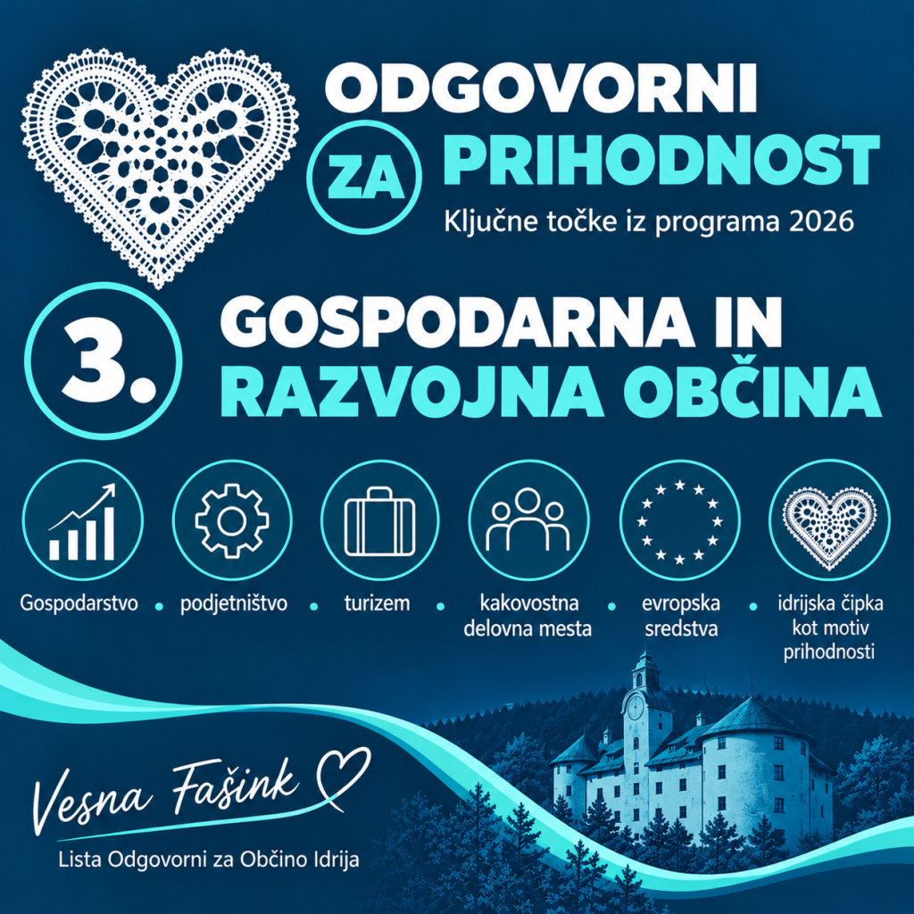 Kakovostna delovna mesta, podjetništvo, turizem, evropska sredstva in idrijska čipka kot razvojna priložnost prihodnosti.